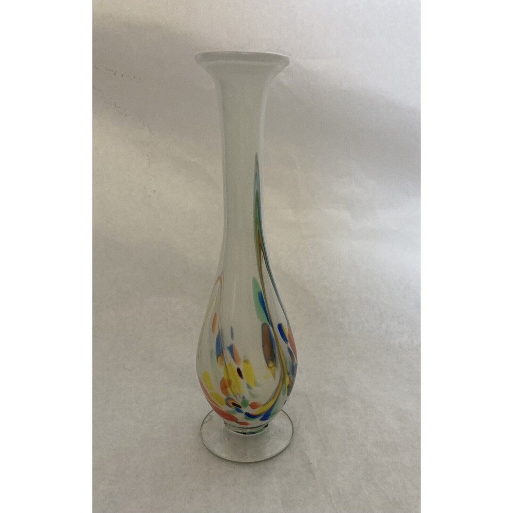 Murano Style Multicolor Speckled Long Neck Art Bud Vase 9” Tall - Picture 4 of 6